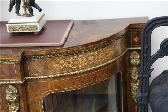 A Victorian burr walnut and marquetry credenza, W.5ft 8in. D.1ft 4in. H.3ft 6.5in.